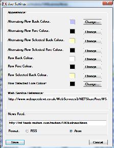 Share Prices 4 Desktop for .NET 3.5 on windows vista - User Settings Screen (now with news feed option)