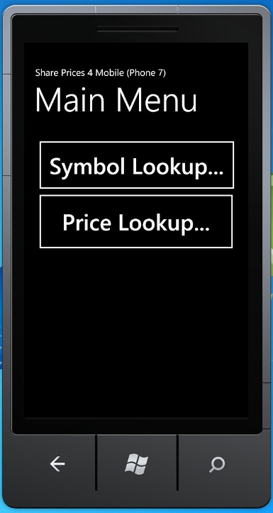 Share Prices 4 Mobile (Phone7) - Main Menu