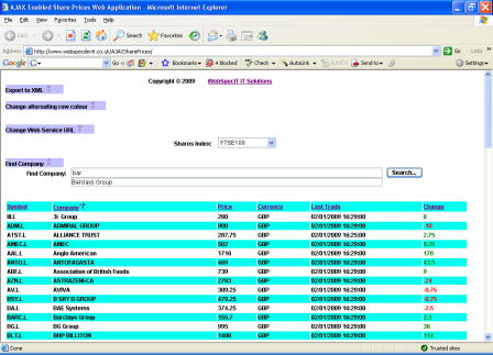 Screenshot of Share Prices 4 Web (AJAX) - using search function